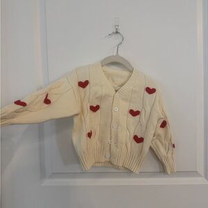 Cream Cardigan with Red Heart Accents. Perfect for Valentine’s Day !